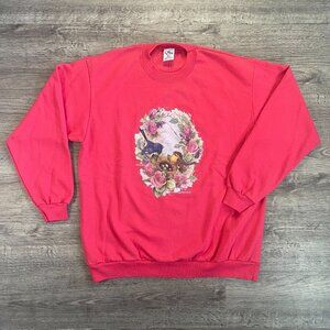 Vintage Cal Cru Bright Pink Bird Nest Roses CottageCore GrannyCore Sweatshirt Lg